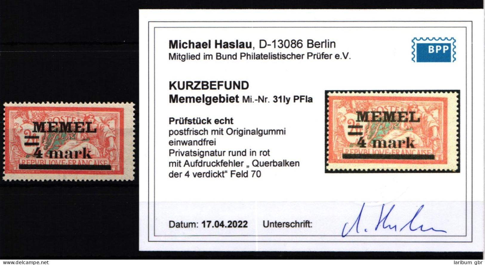 Memel 31 I Y PF Ia Postfrisch Mit Kurzbefund BPP #KS929 - Memelgebiet 1923