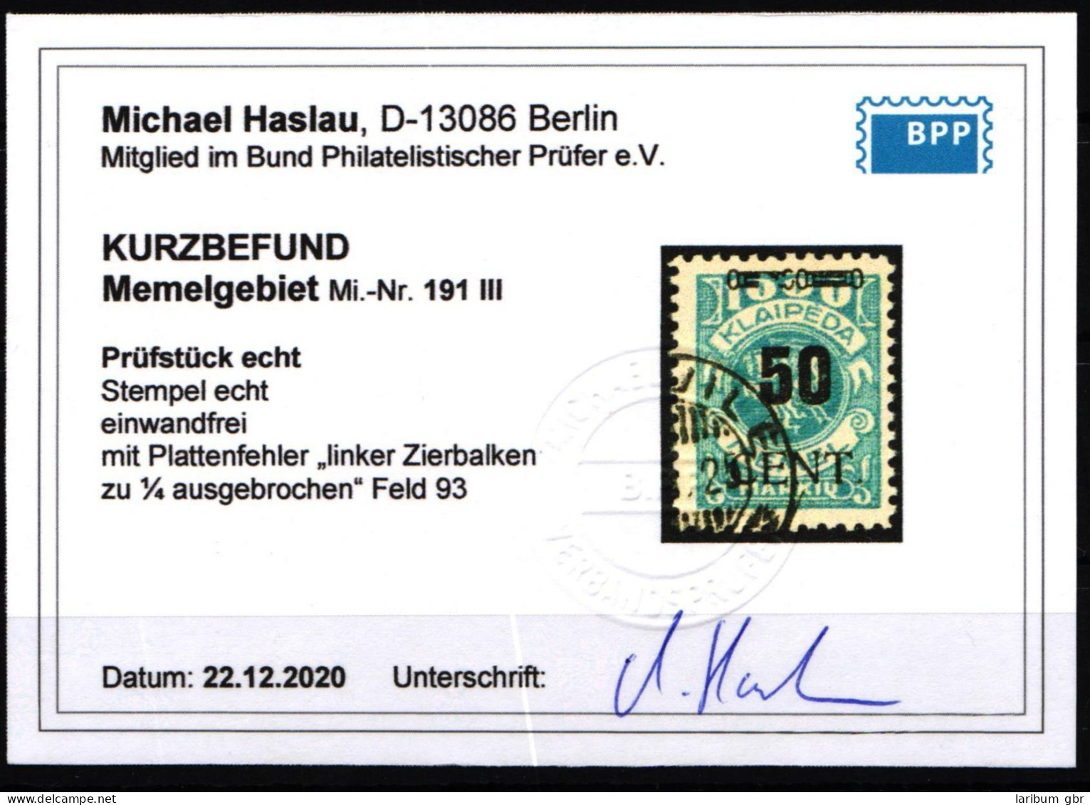 Memel 191 III Gestempelt Mit Kurzbefund BPP #KS945 - Memel (Klaïpeda) 1923