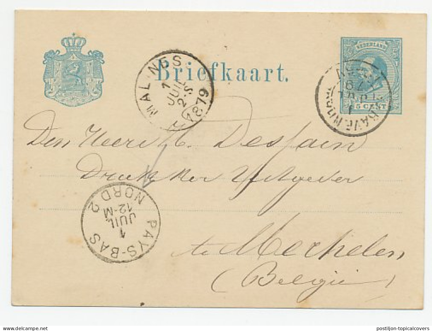 Briefkaart Den Haag - Belgie 1879 - Grensstempel - Lettres & Documents