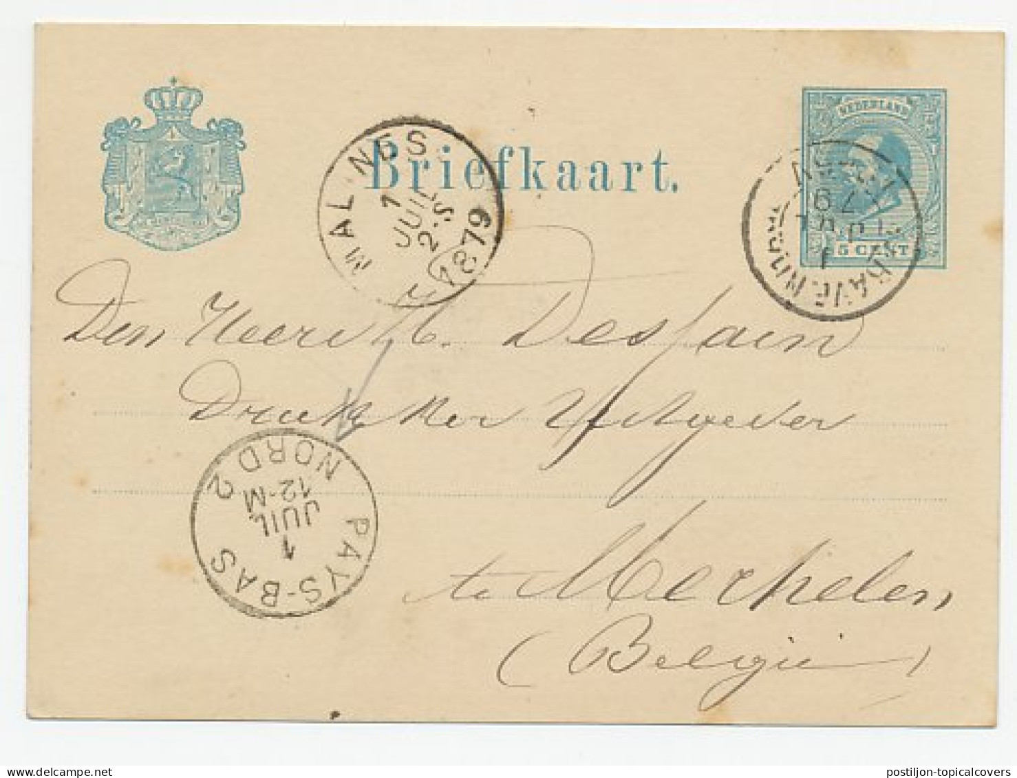 Briefkaart Den Haag - Belgie 1879 - Grensstempel - Storia Postale