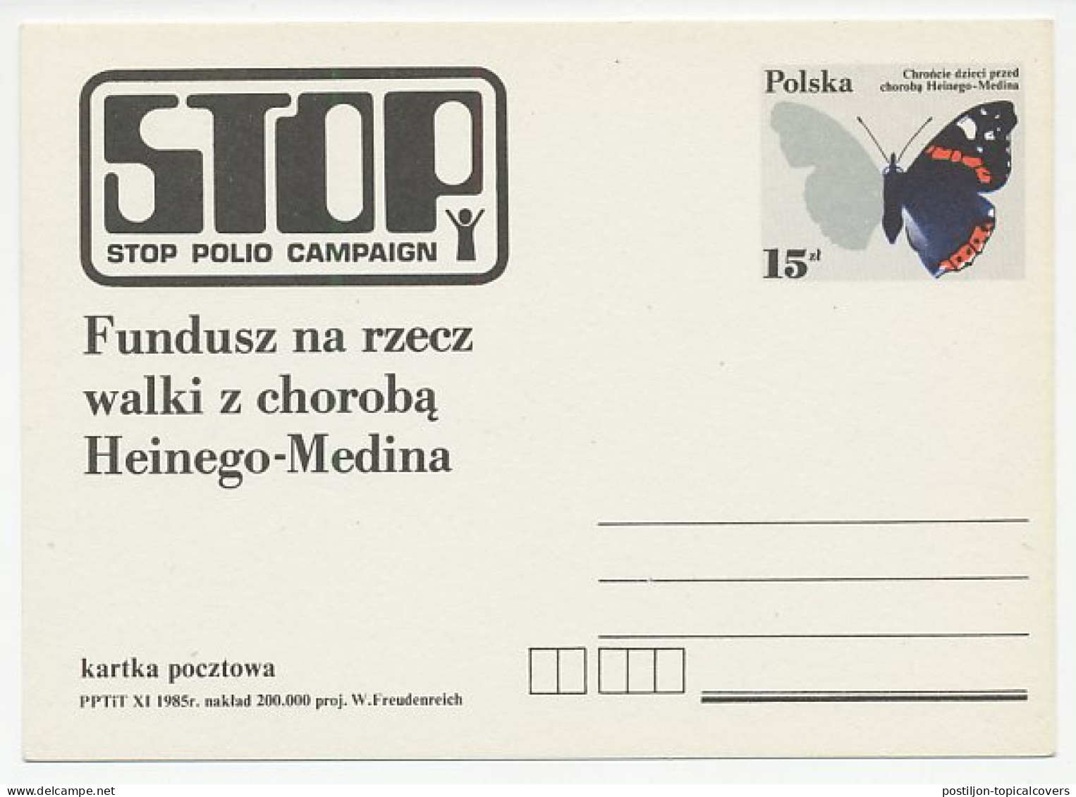 Postal Stationery Poland 1985 Stop Polio Campaign - Butterfly - Altri & Non Classificati