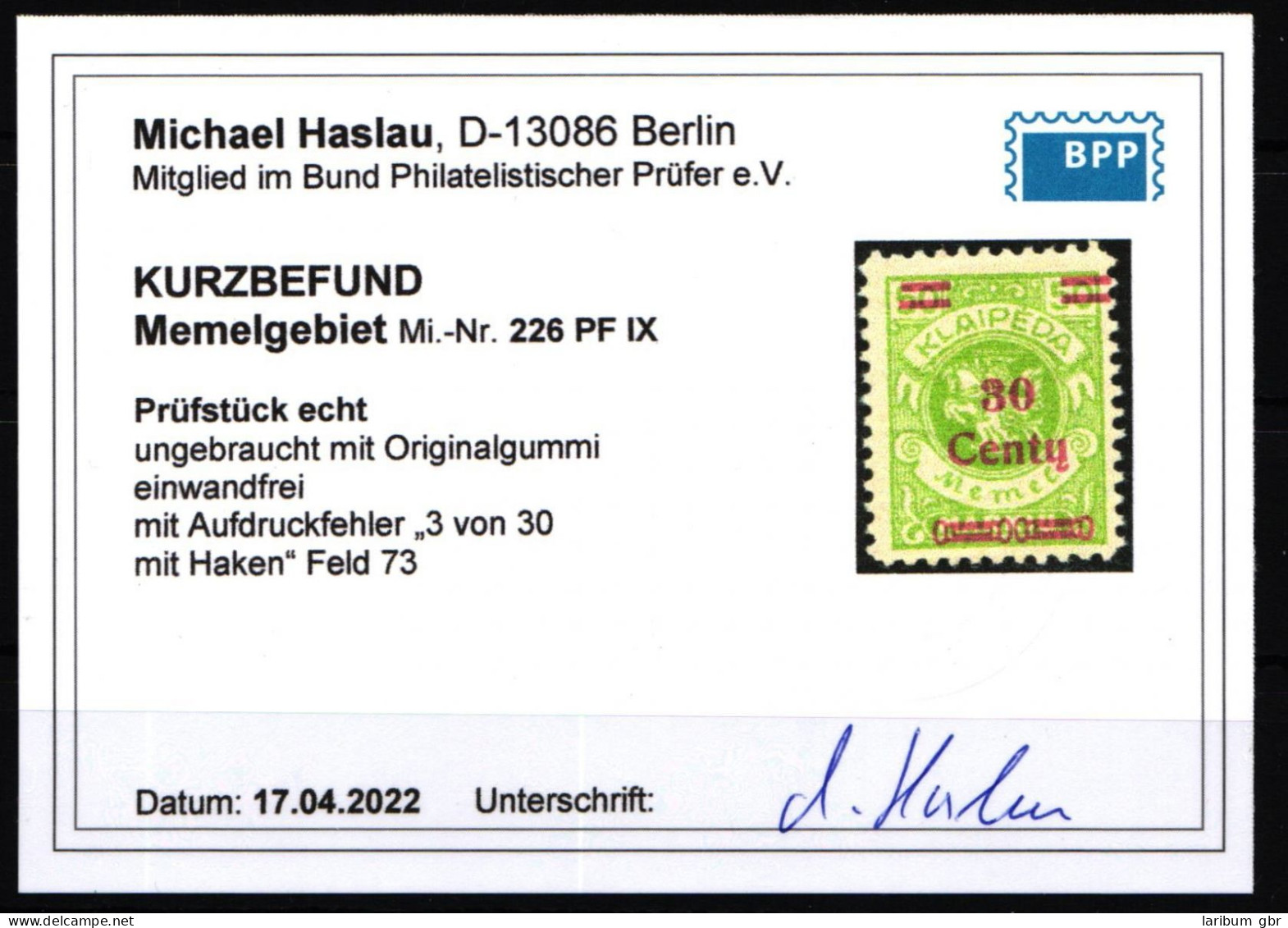 Memel 226 PF IX Mit Falz Mit Kurzbefund BPP #KS958 - Memelgebiet 1923