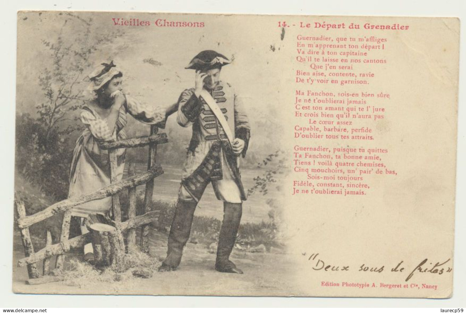 Carte Fantaisie Couple - Vieilles Chansons - Le Départ Du Grenadier N° 14. - Phototypie BERGERET - Bergeret