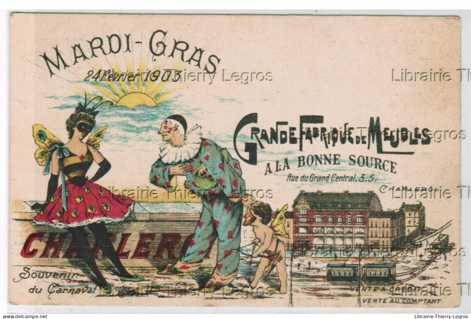 CPA Publicitaire Grande Fabrique De Meubles A La Bonne Source Charleroi Souvenir Mardi Gras 1903 Carnaval Pierrot Masque - Charleroi