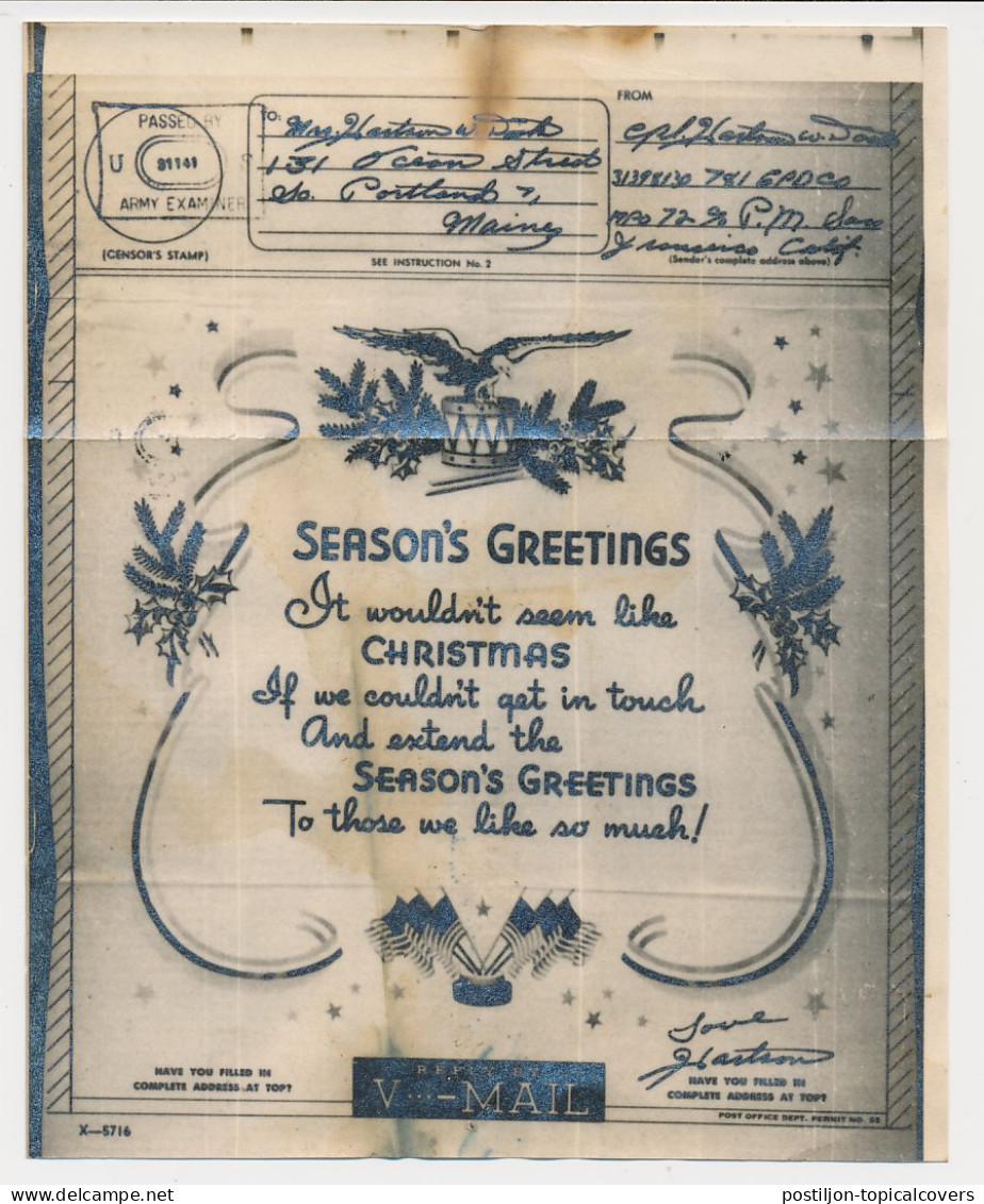 V-Mail To USA 1944 Season S Greetings - Christmas Greetings  - Noël