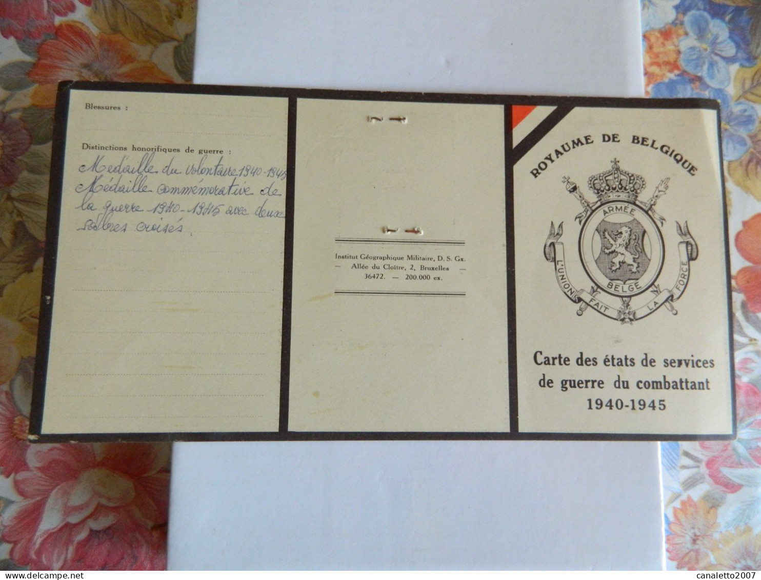 MILITARIA :CARTE DES ETATS DE SERVICES DE GUERRE DU COMBATTANT 1940/45 AVEC PHOTO - Documenten