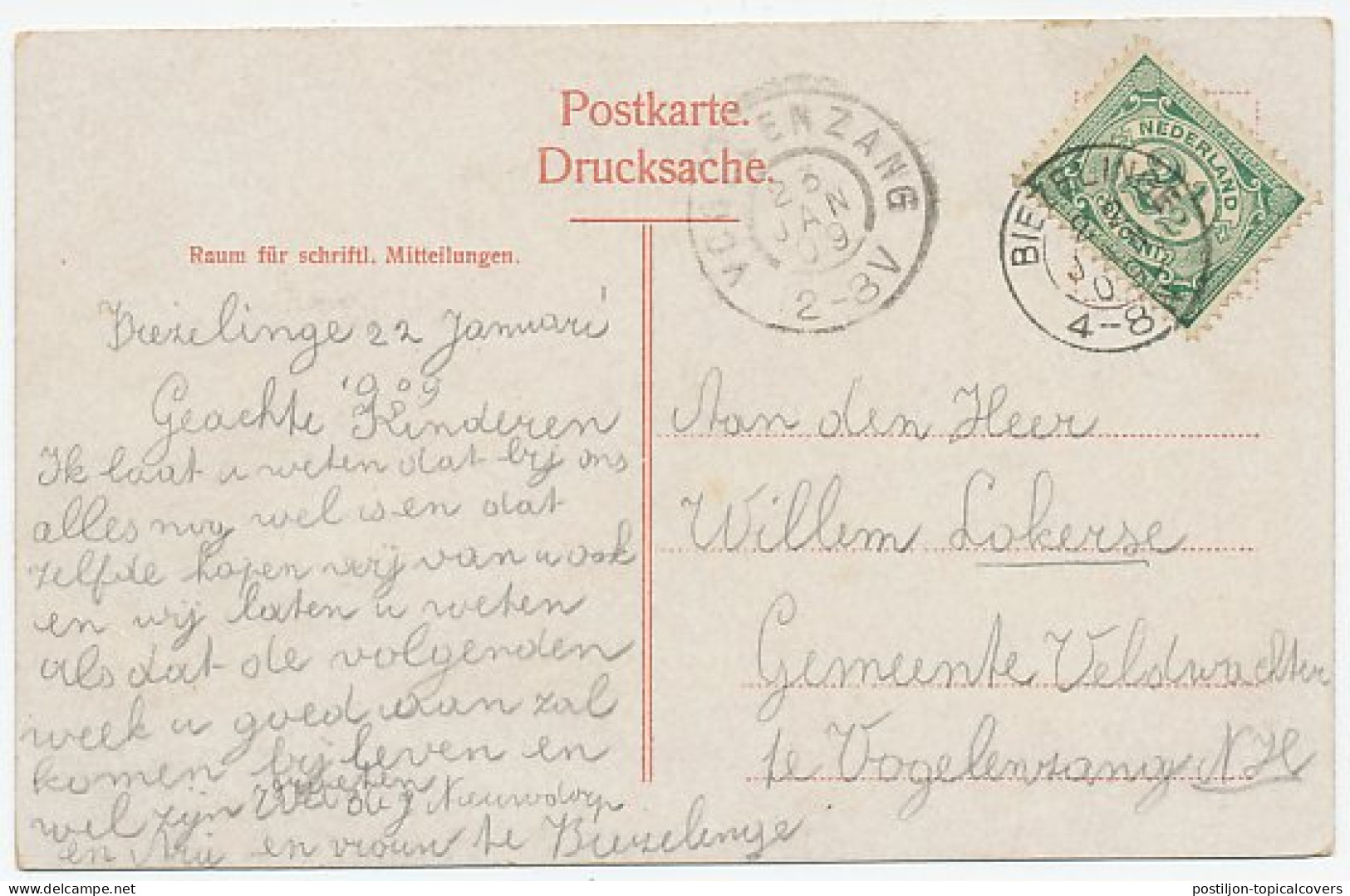 Kleinrondstempel Biezelinge 1909 - Non Classés