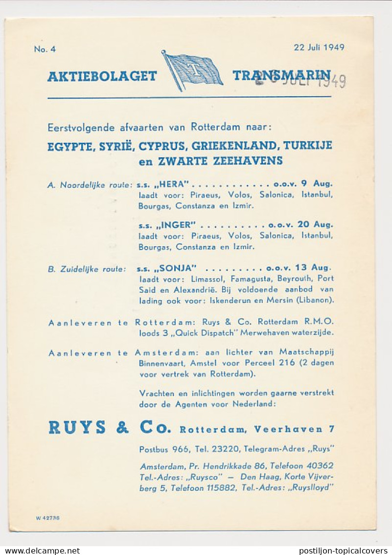 Meter Card Netherlands 1949 Shipping Company Ruys And Co.- Sailing List Rotterdam - World - Ships