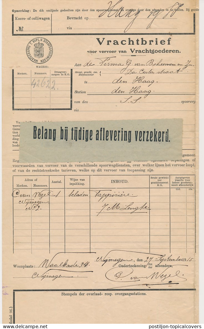 Vrachtbrief Staats Spoorwegen Nijmegen - Den Haag 1915 - Etiket - Non Classificati