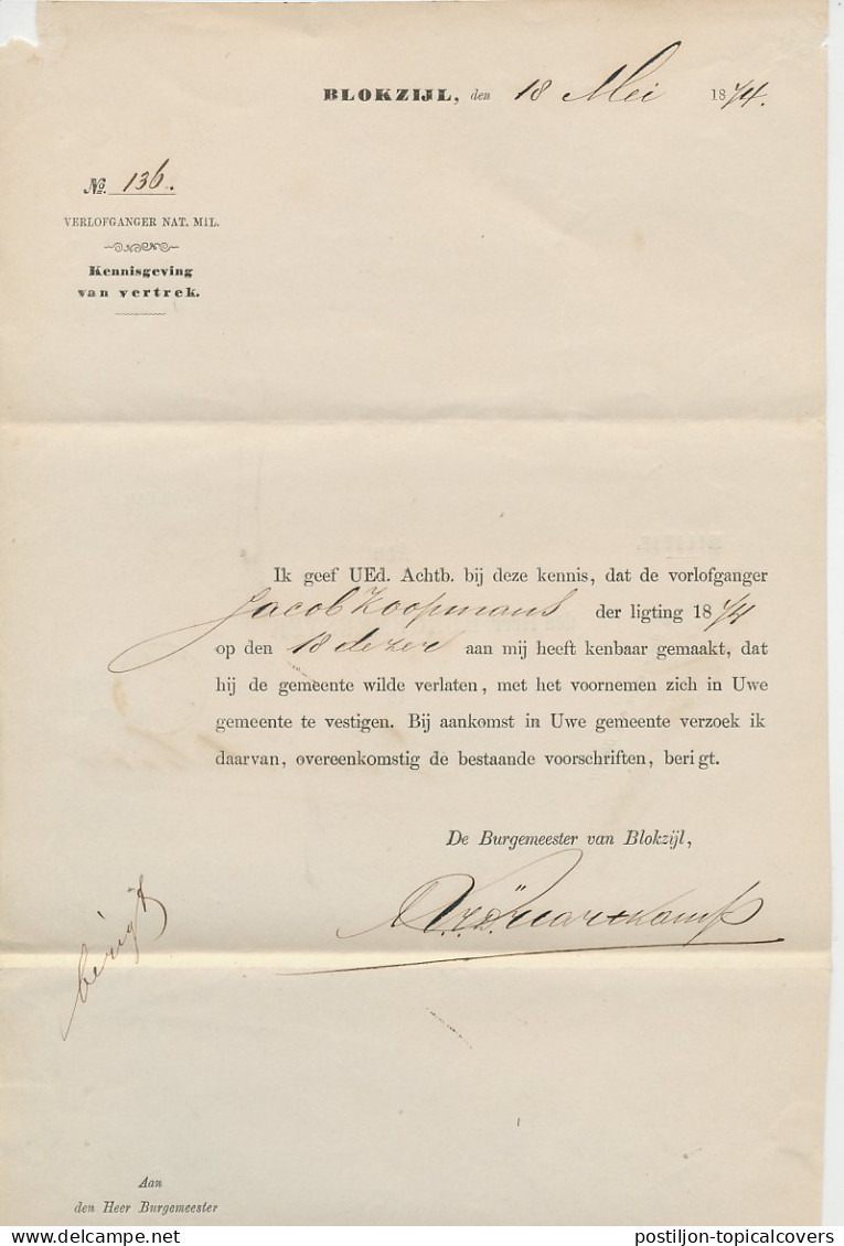 Naamstempel Blokzijl 1874 - Brieven En Documenten