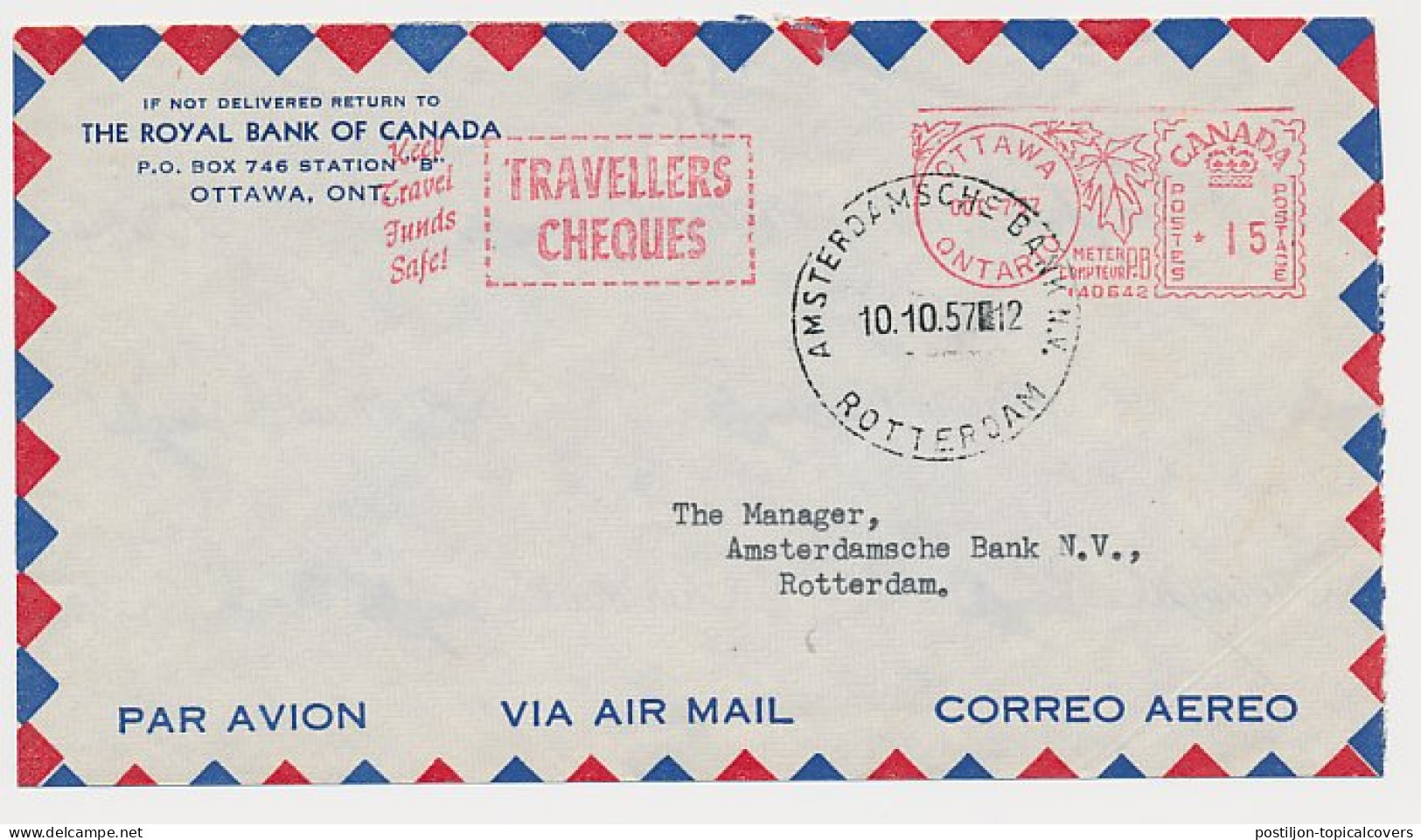 Meter Cover Canada 1957 Travellers Cheques - Royal Bank Of Canada - Unclassified