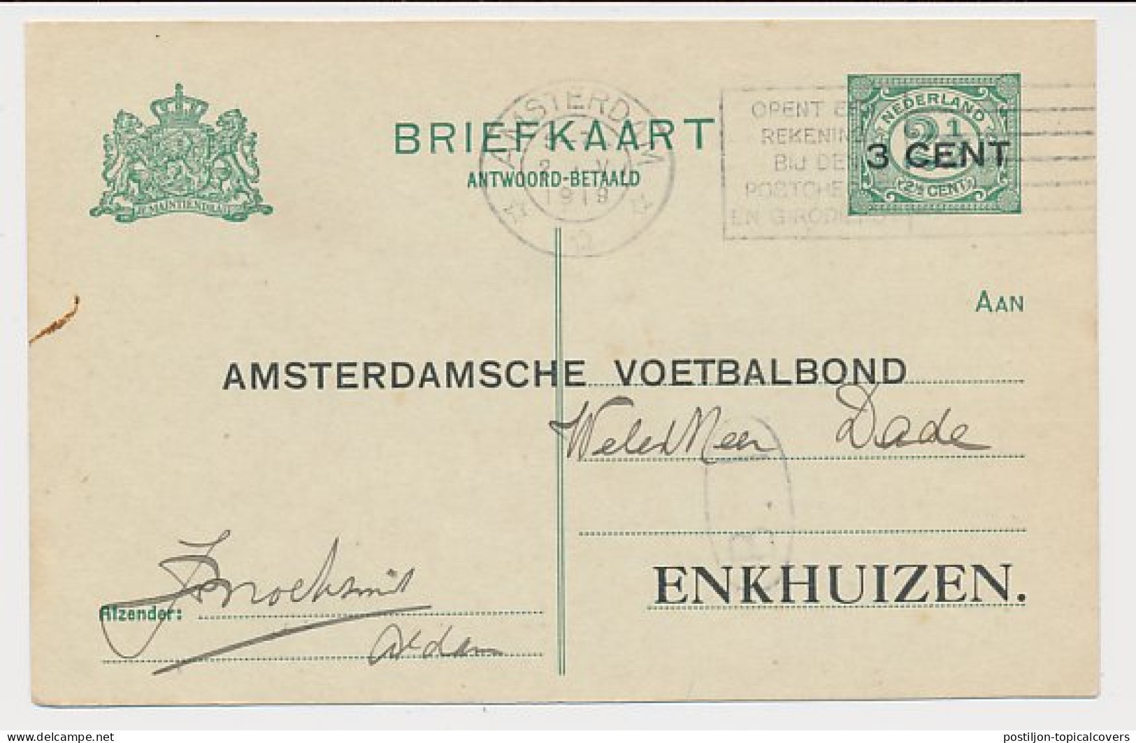 Briefkaart G. 97 I A-krt. Particulier Bedrukt Enkhuizen 1919 - Postal Stationery
