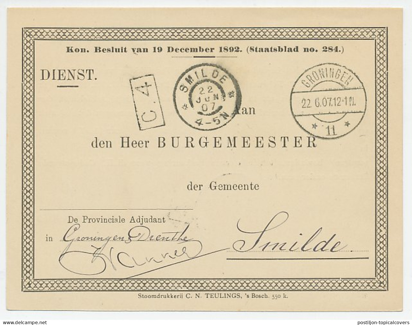 Dienst Groningen - Smilde 1907 - Provinciaal Adjudant - Non Classificati