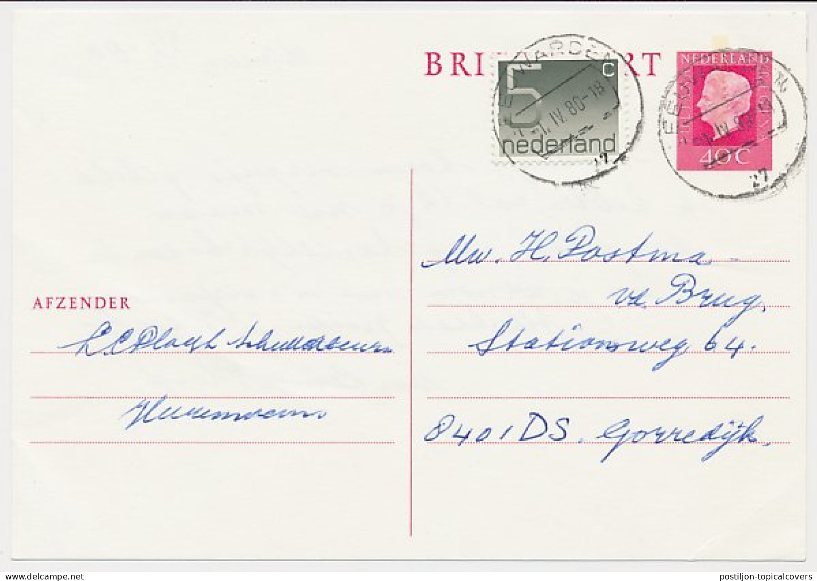 Briefkaart G. 356 / Bijfrankering Leeuwarden - Gorredijk 1980 - Postal Stationery