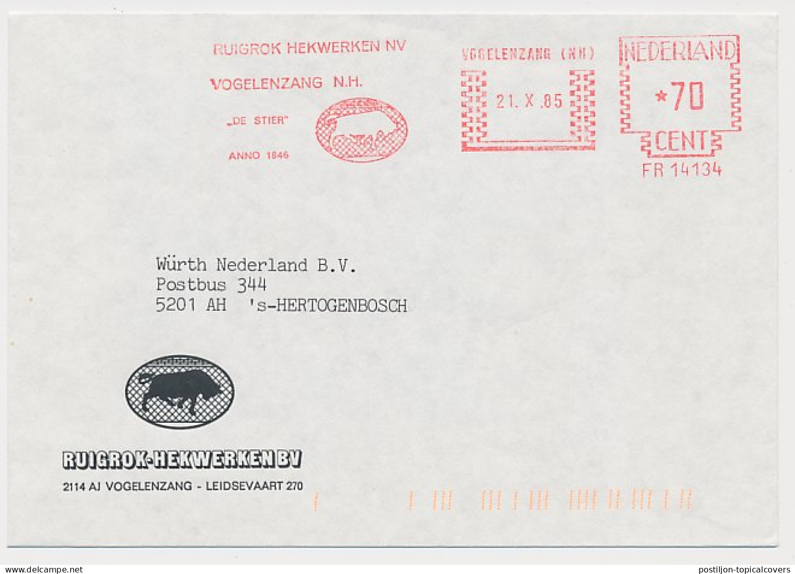 Meter Cover Netherlands 1985 Bull - Fencing - Vogelenzang - Hoftiere