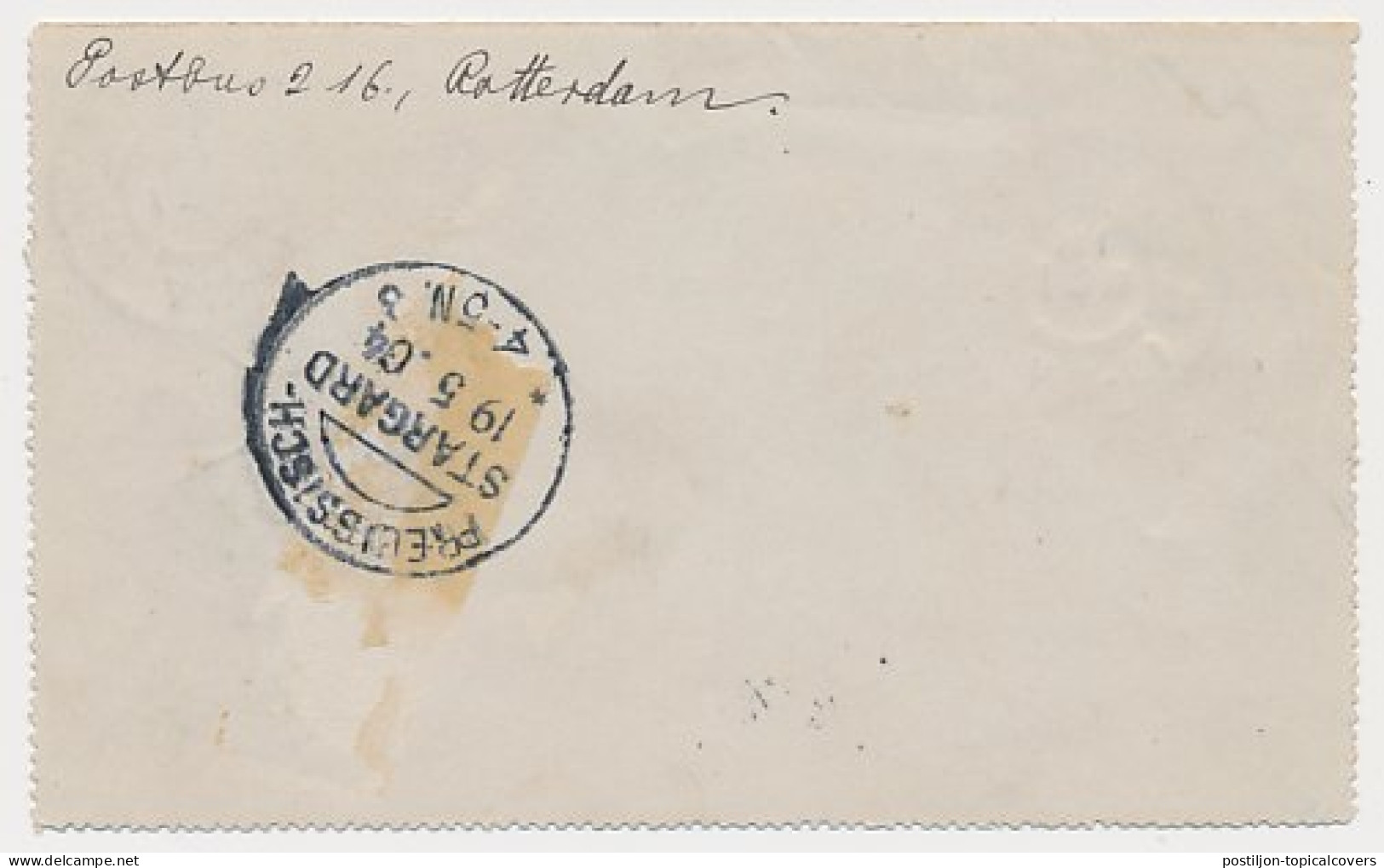 Postblad G. 5 / Bijfrankering Rotterdam- Stargard Duitsland 1904 - Postal Stationery