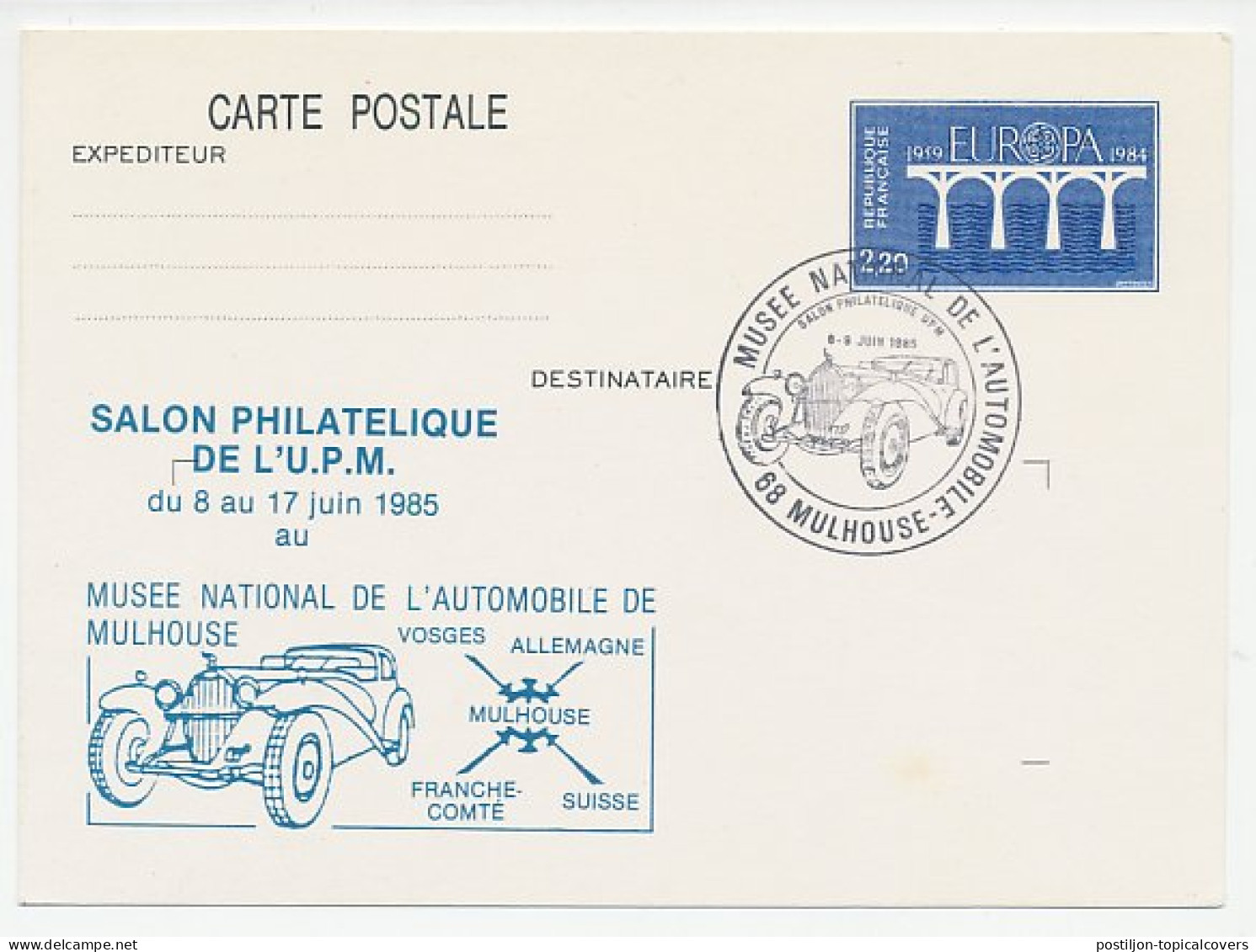 Postal Stationery / Postmark France 1985 Car Museum - Autos