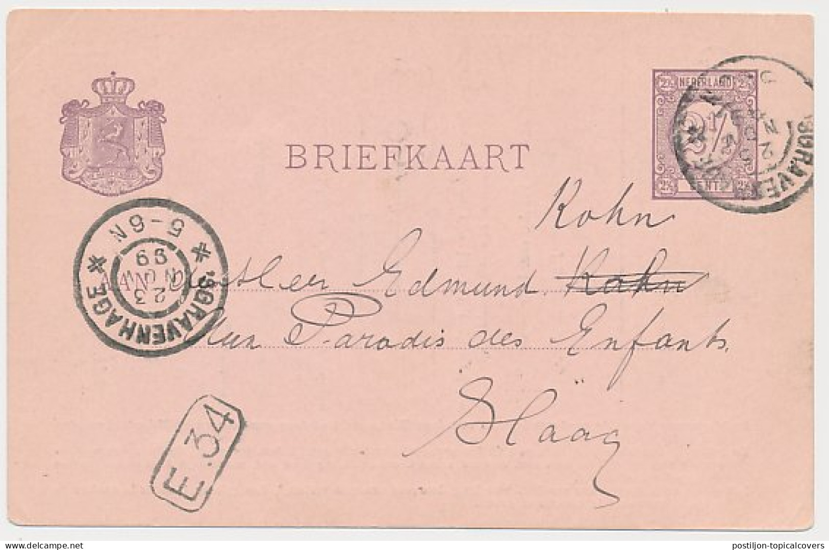Spoorwegbriefkaart G. HYSM33 R - Locaal Te S Gravenhage 1899 - Postal Stationery
