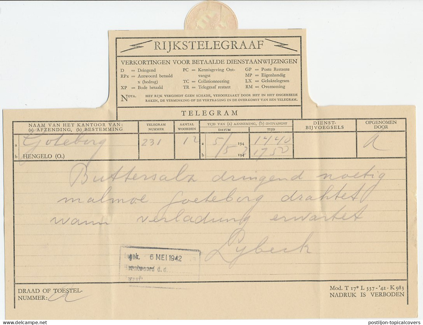 Telegram Goteburg - Hengelo 1942 - Non Classés