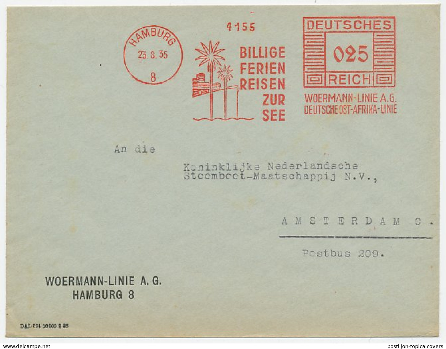 Meter Cover Deutsches Reich / Germany 1935 German East-Africa Line - Ocean Liner - Palm Tree - Barche