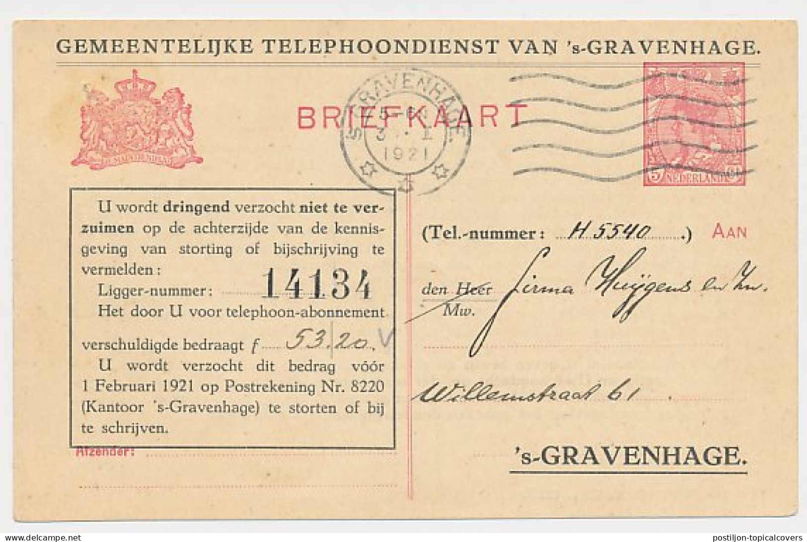 Briefkaart G. TEL103-Ic - Telephoondienst S-Gravenhage 1921 - Postal Stationery