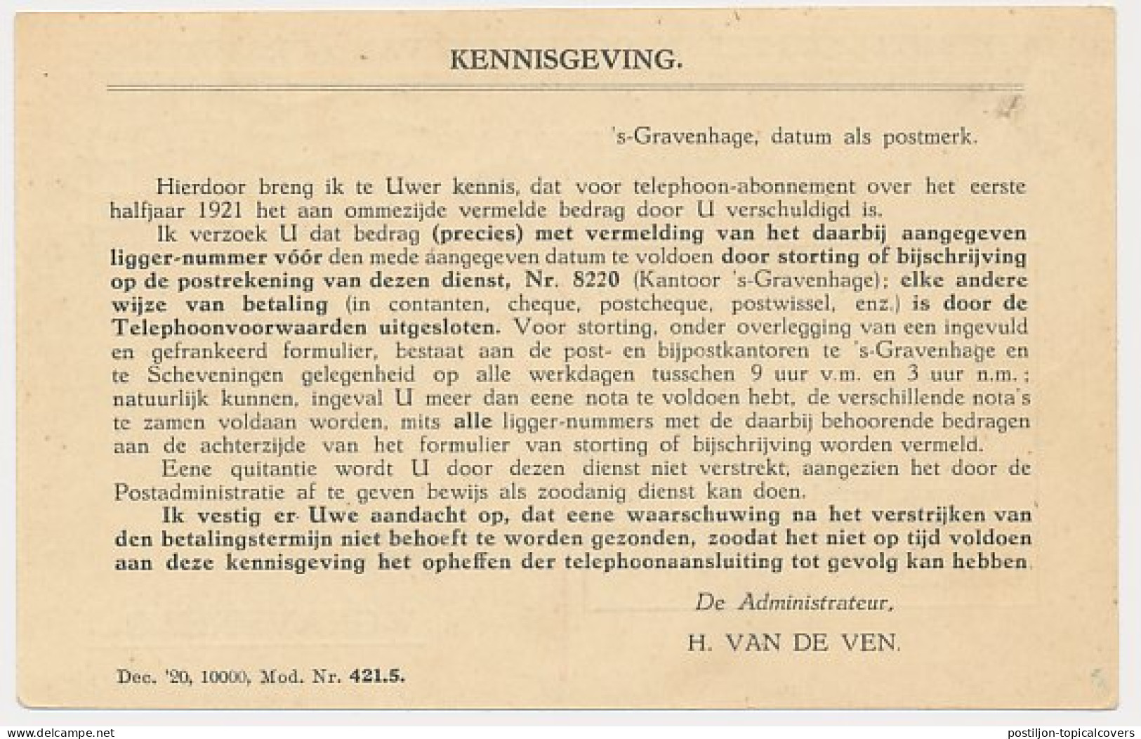 Briefkaart G. TEL103-Ic - Telephoondienst S-Gravenhage 1921 - Postal Stationery