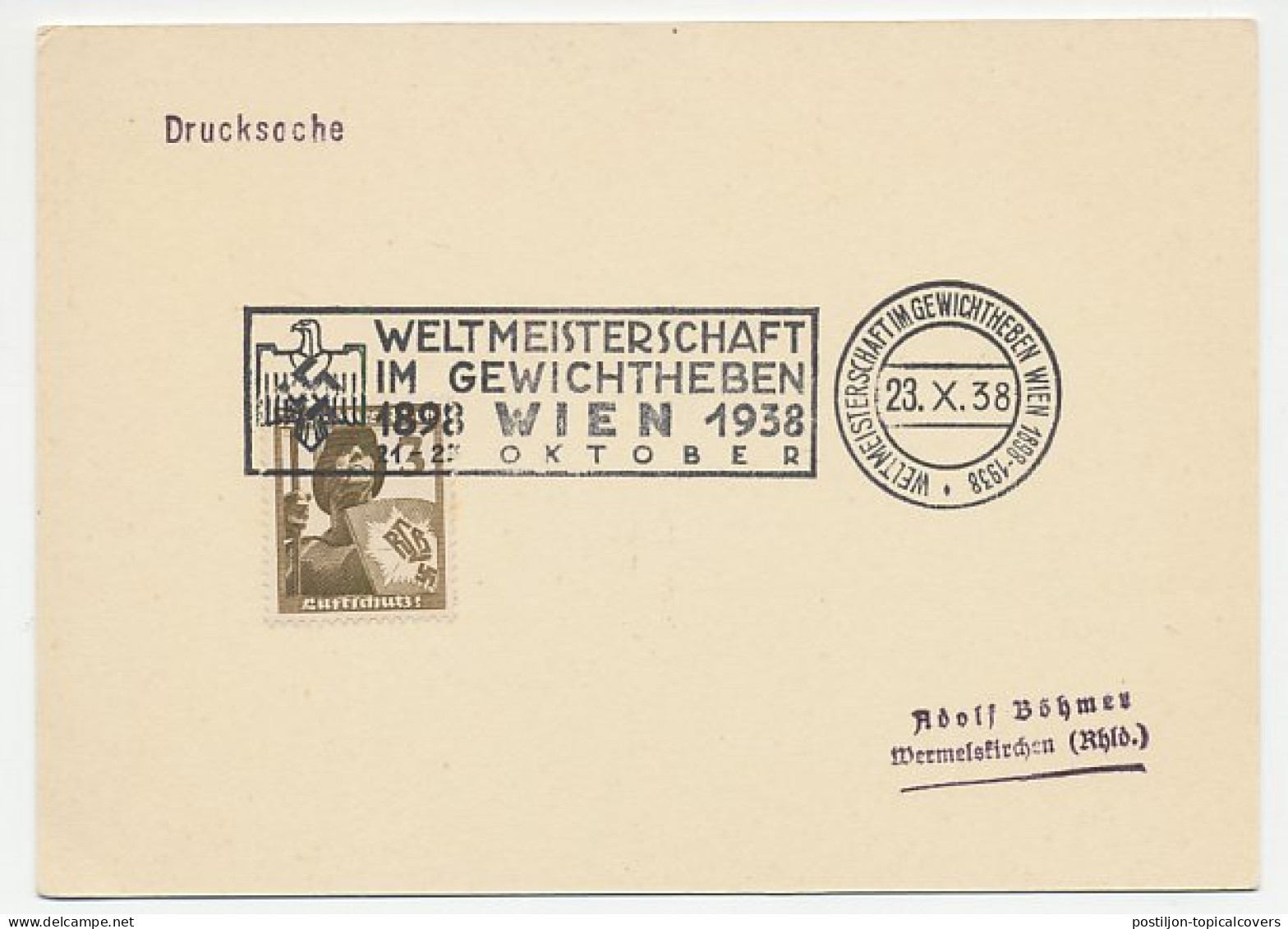 Postcard / Postmark Germany / Austria 1938 Weightlifting - World Championship - Andere & Zonder Classificatie