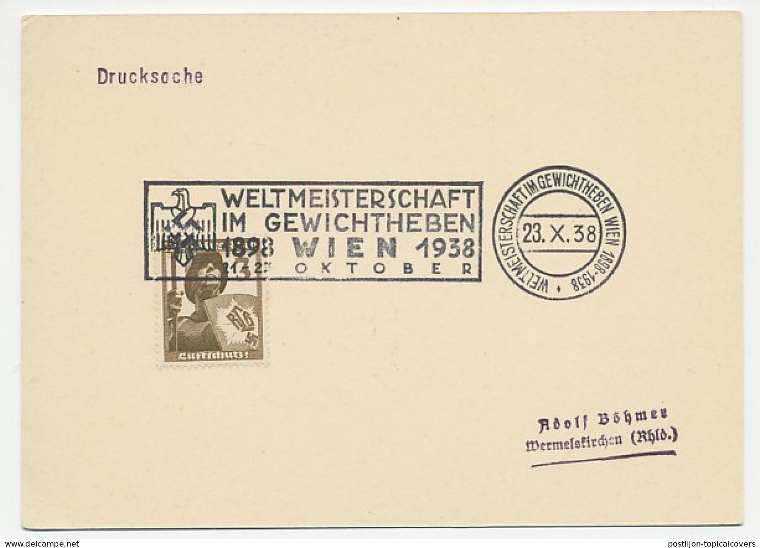 Postcard / Postmark Germany / Austria 1938 Weightlifting - World Championship - Other & Unclassified