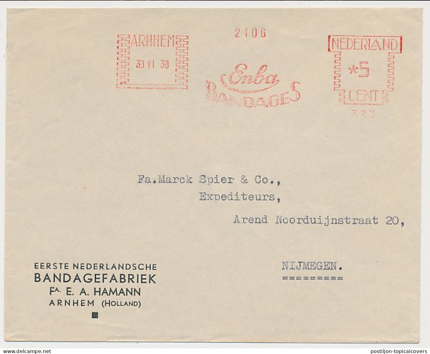 Meter Cover Netherlands 1938 Medical Bandages - Arnhem - Altri & Non Classificati