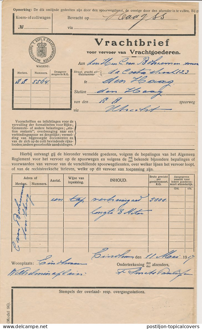 Vrachtbrief Staats Spoorwegen Eindhoven - Den Haag 1917 - Non Classés