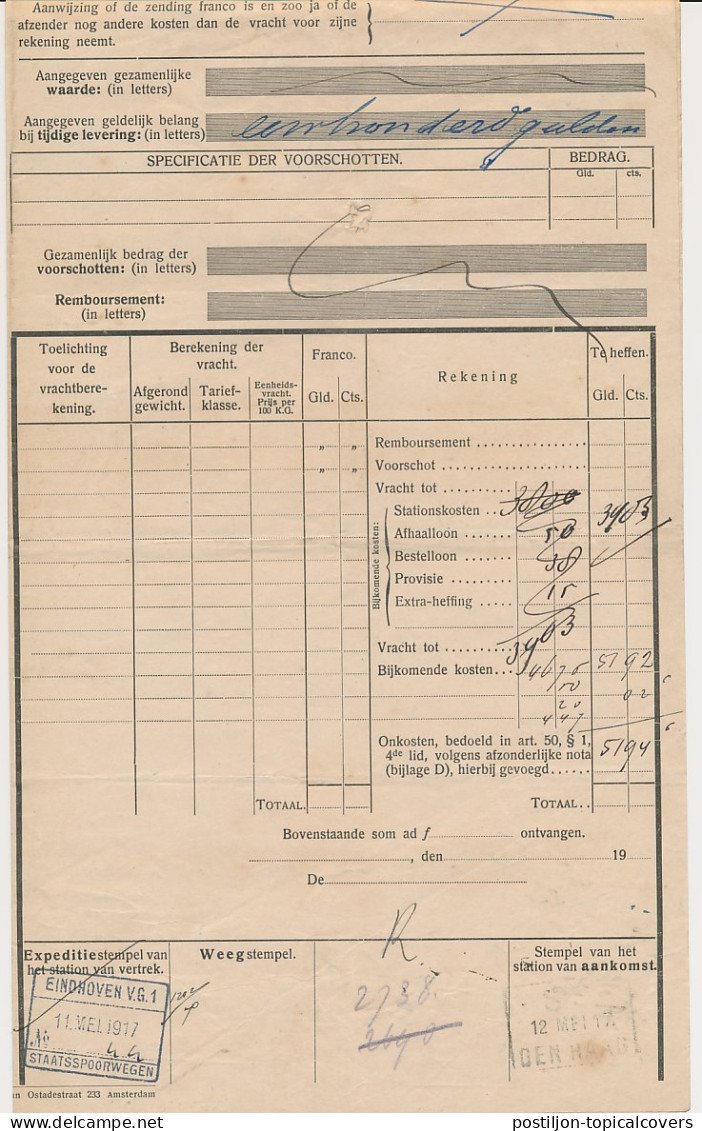 Vrachtbrief Staats Spoorwegen Eindhoven - Den Haag 1917 - Non Classés