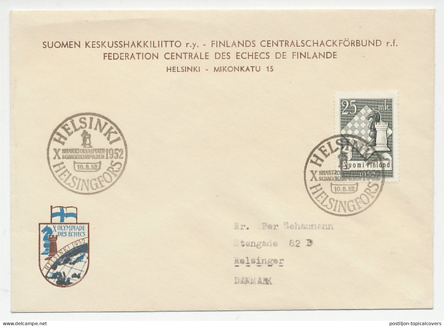 Cover / Postmark Finland 1952 Chess Olympiad Helsinki  - Non Classés