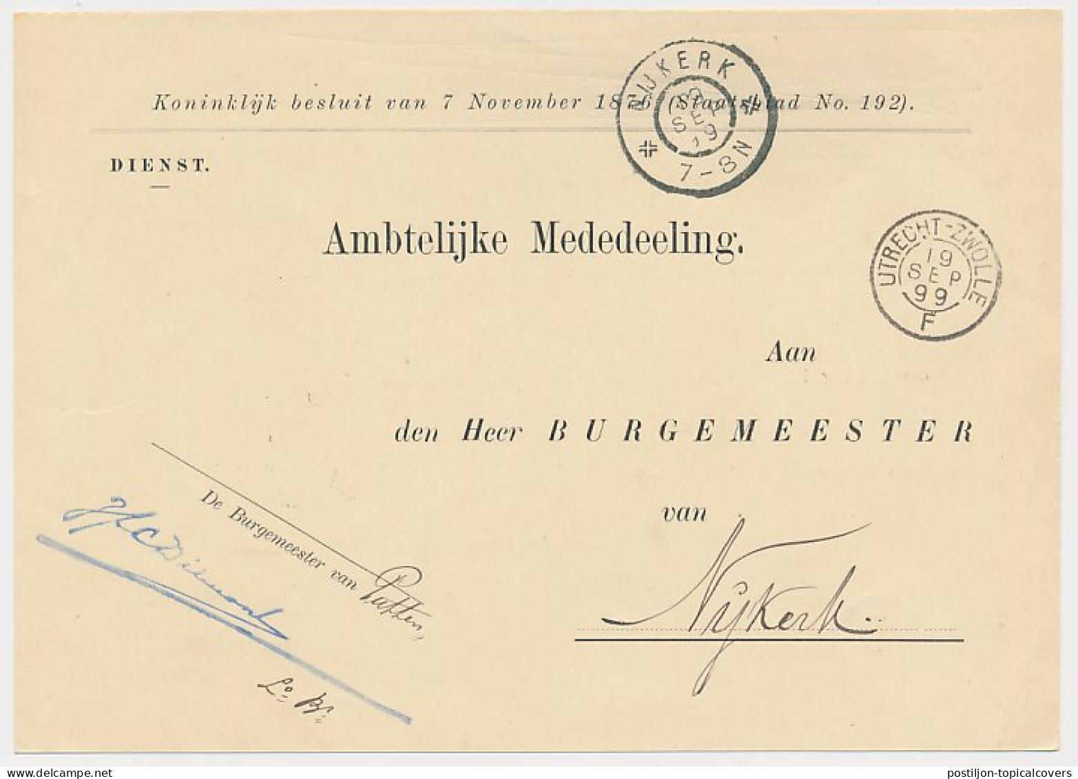 Trein Kleinrondstempel Utrecht - Zwolle F 1899 - Brieven En Documenten