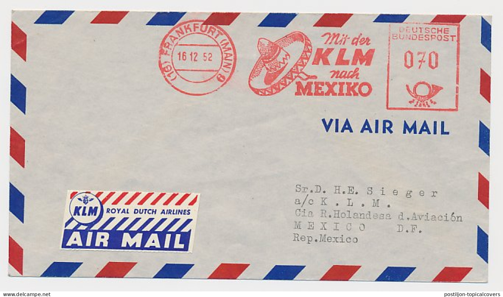 Meter Cover Germany 1952 Mexico - Sombrero - KLM - Royal Dutch Airline - Ohne Zuordnung