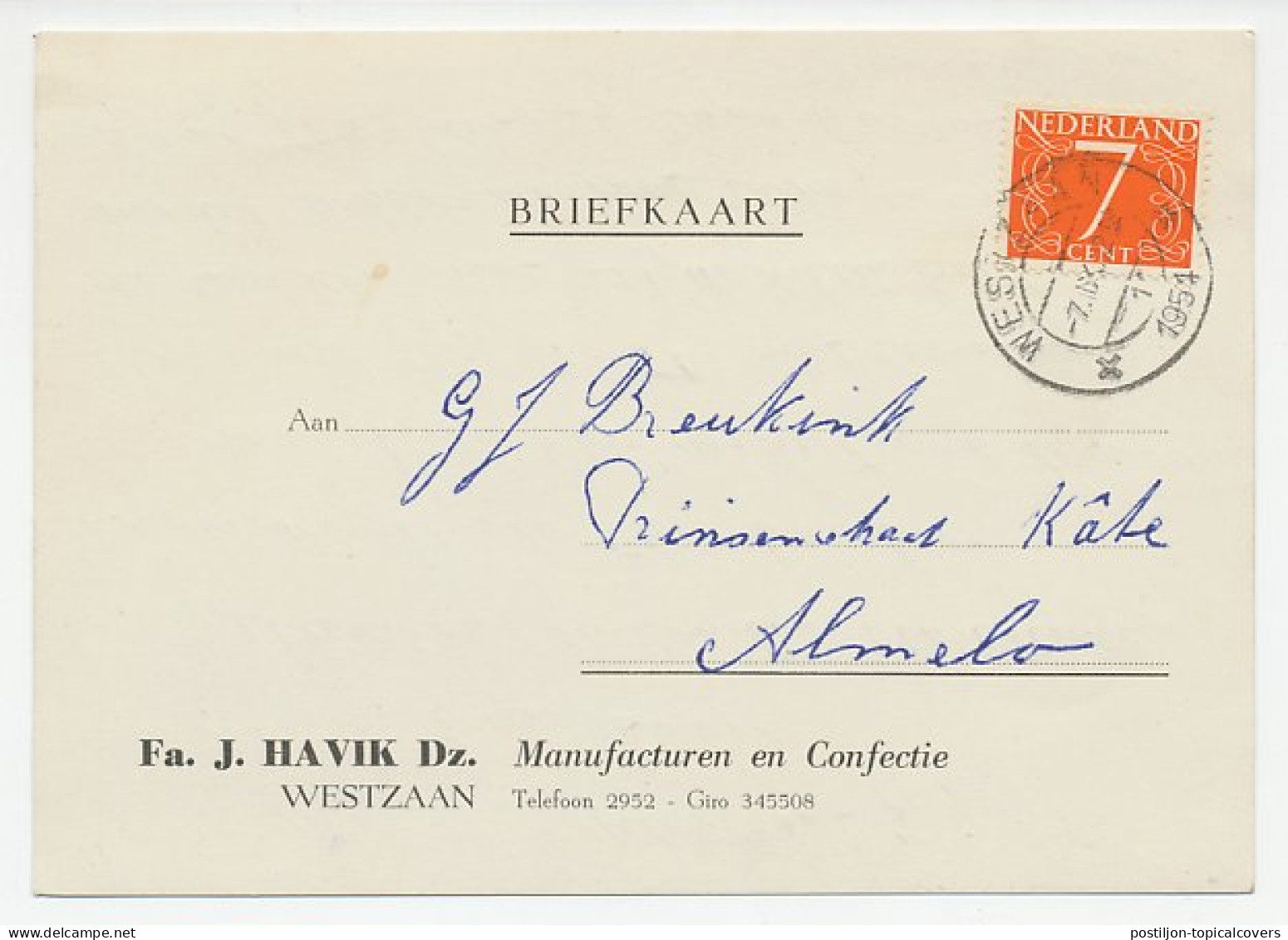 Firma Briefkaart Westzaan 1954 - Manufacturen / Confectie - Non Classés