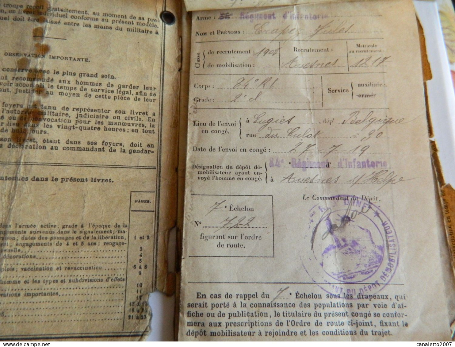 MILITARIA : LIVRET MILITAIRE FRANCAIS  DE CRAPEZ  JULES DE OHAIN CLASSE 1908 - Documents