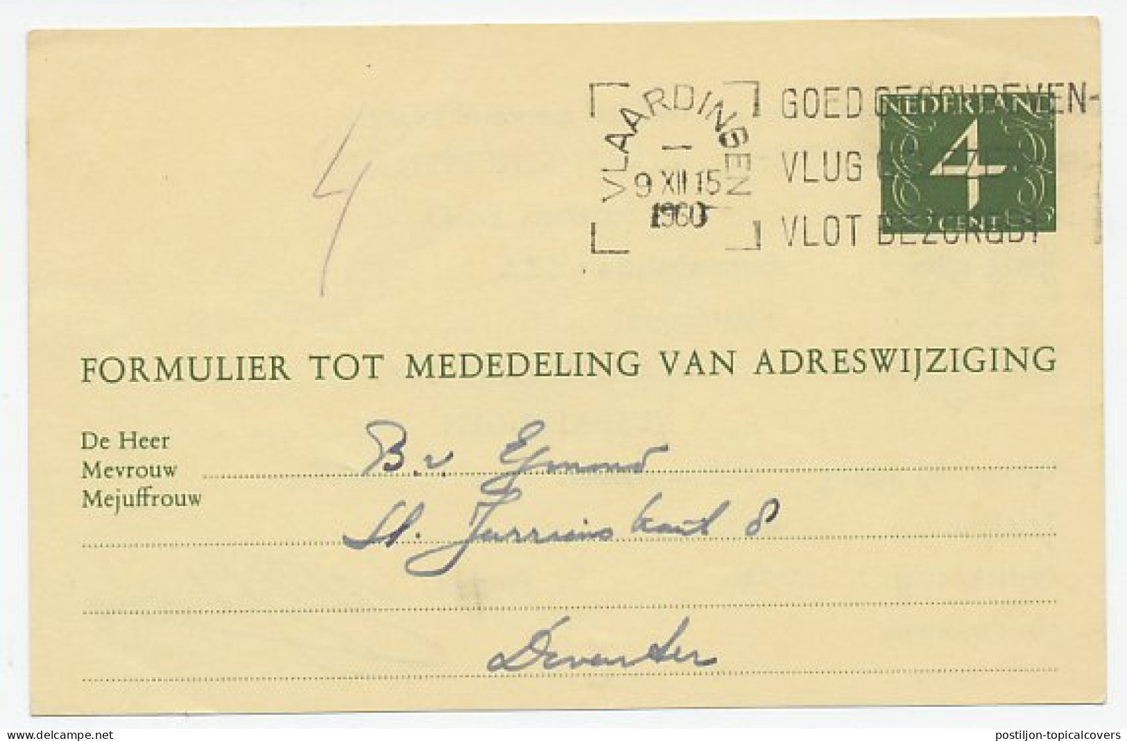 Verhuiskaart G. 26 Particulier Bedrukt Vlaardingen 1960  - Postal Stationery