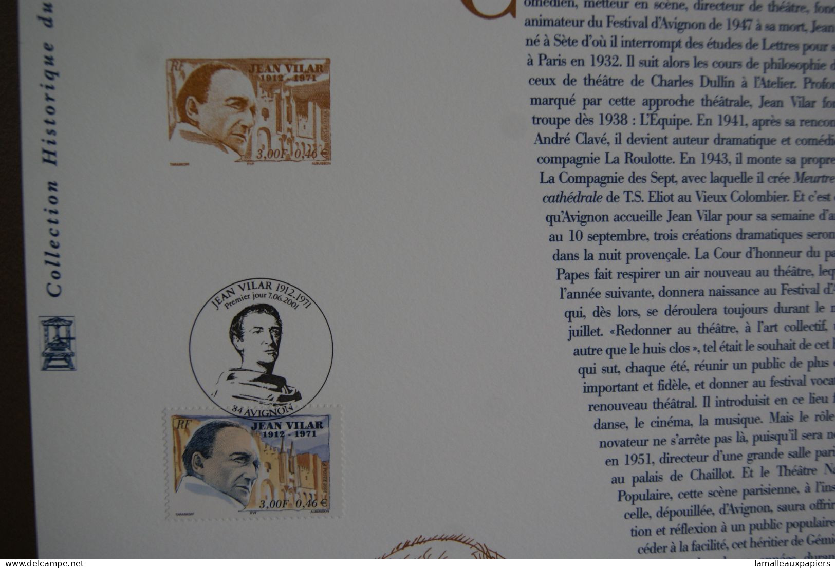 Jean VILAR : Collection Historique Du Timbre Poste Français (2001) 1e JOUR - Attori