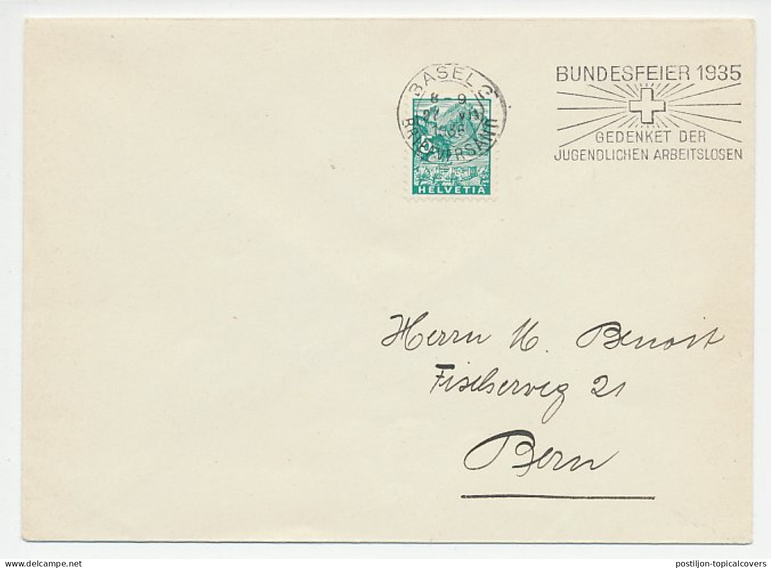 Cover / Postmark Switzerland 1935 National Celebration - Unemployed Young People  - Other & Unclassified