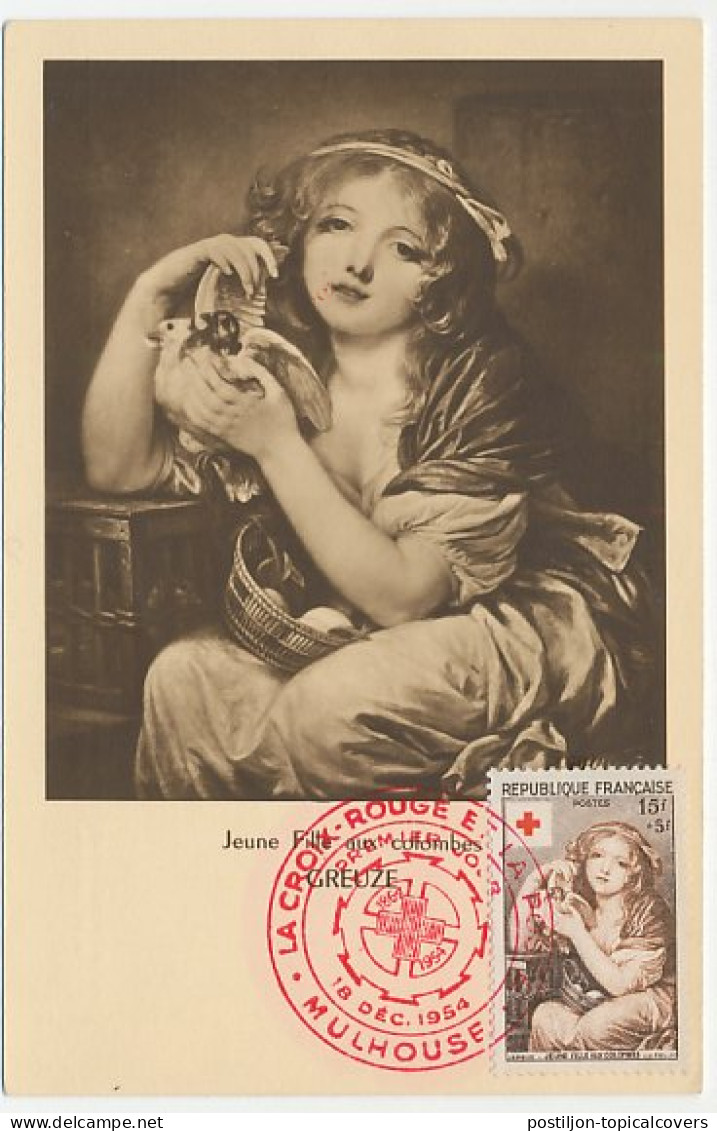 Maximum Card France 1954 Jean Baptiste Greuze - Girl With Two Pigeons - Red Cross - Altri & Non Classificati