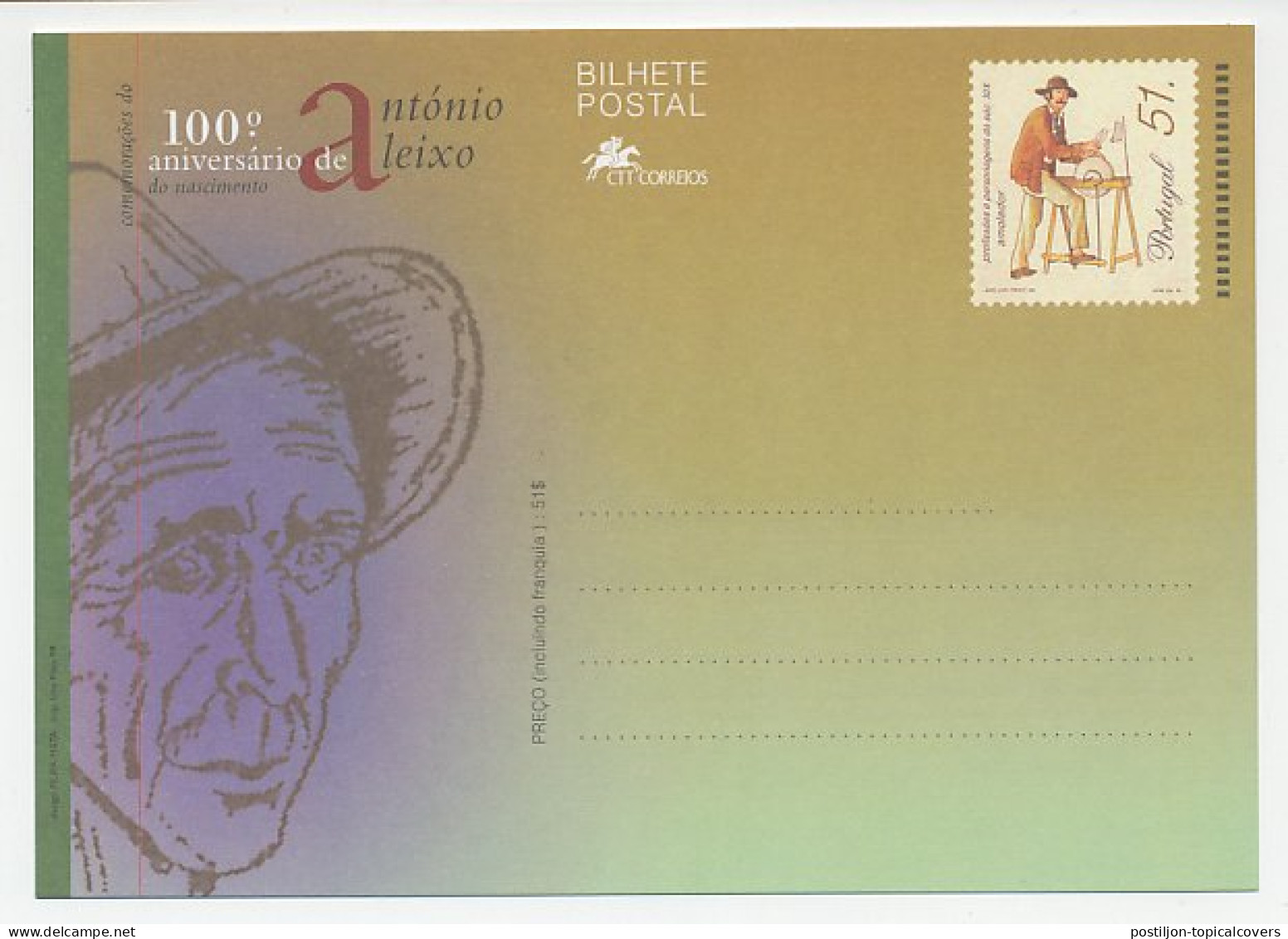 Postal Stationery Portugal 1999 António Aleixo - Writer - Ecrivains