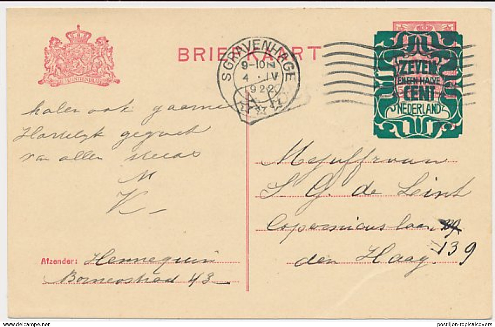 Briefkaart G. 170 I Locaal S Gravenhage 1922 Verschoven Opdruk - Interi Postali