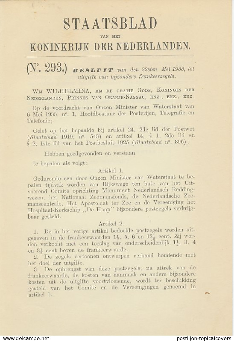 Staatsblad 1933 : Uitgifte Zeemanszegels Emissie 1933 - Storia Postale