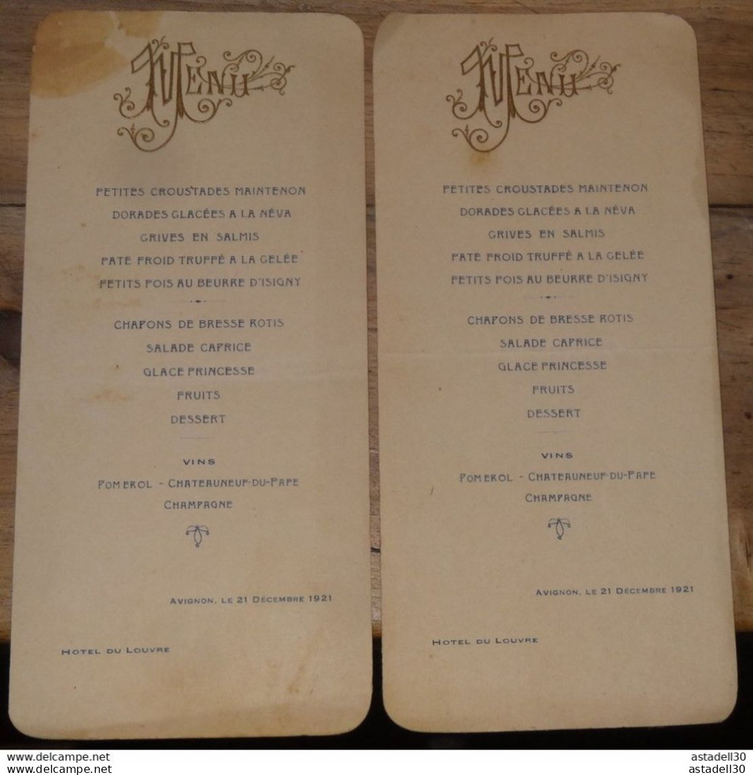 AVIGNON : 2 Menus Identiques, Hotel Du Louvre, 21 Decembre 1921 .... Caisse-23 - Menú