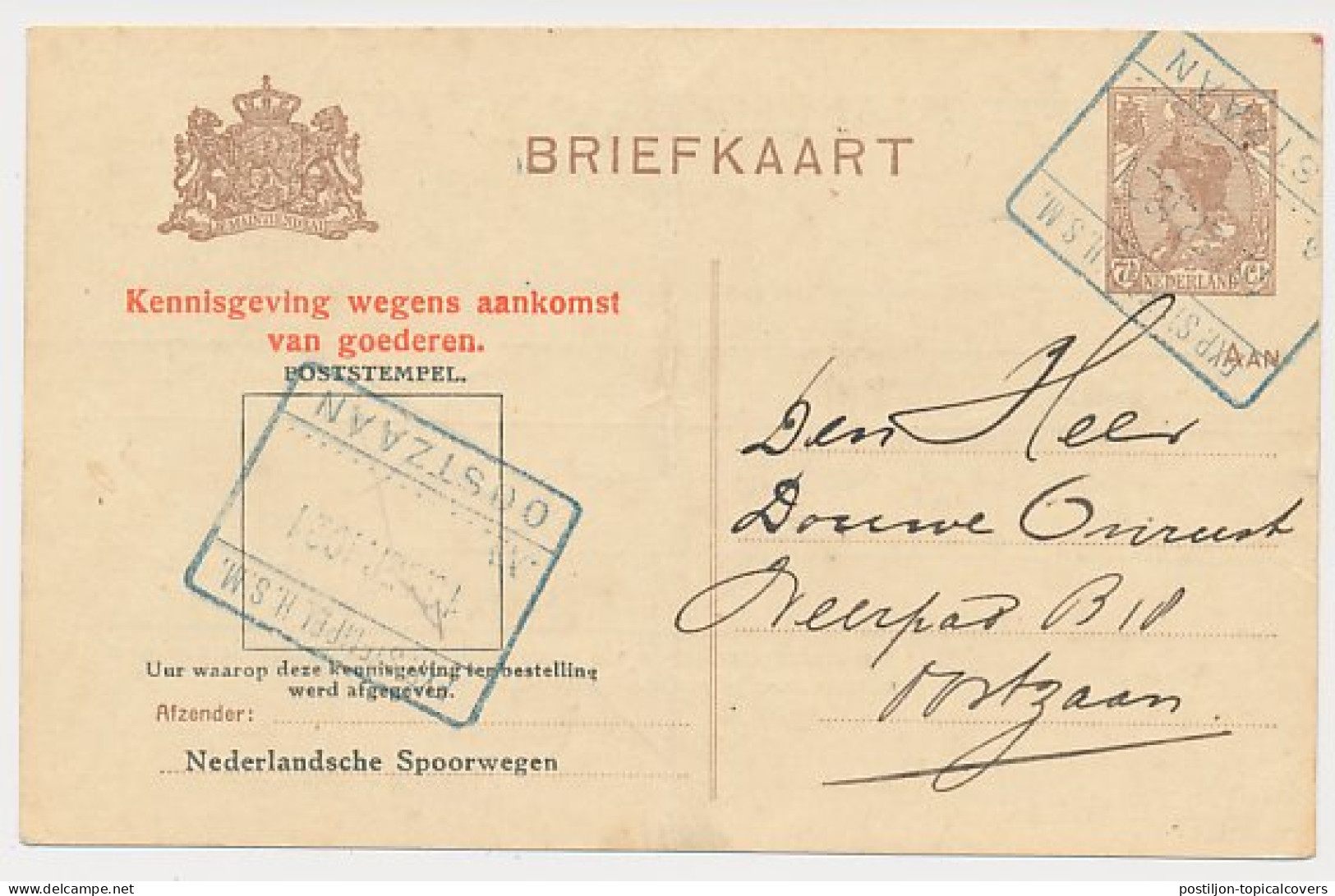 Spoorwegbriefkaart G. NS122- I E - Locaal Te Oostzaan 1921 - Ganzsachen