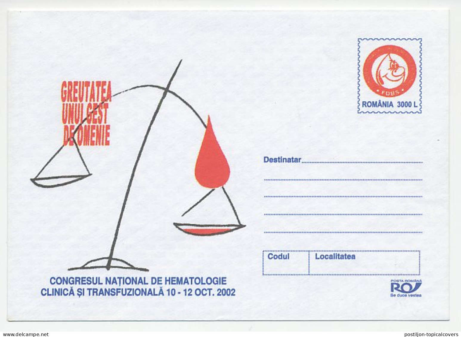 Postal Stationery Romania 2002 Hematology Congress - Blood - Autres & Non Classés