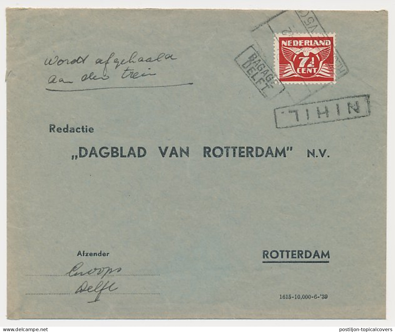 Spoorweg Poststuk Delft - Rotterdam 1942 - Sin Clasificación