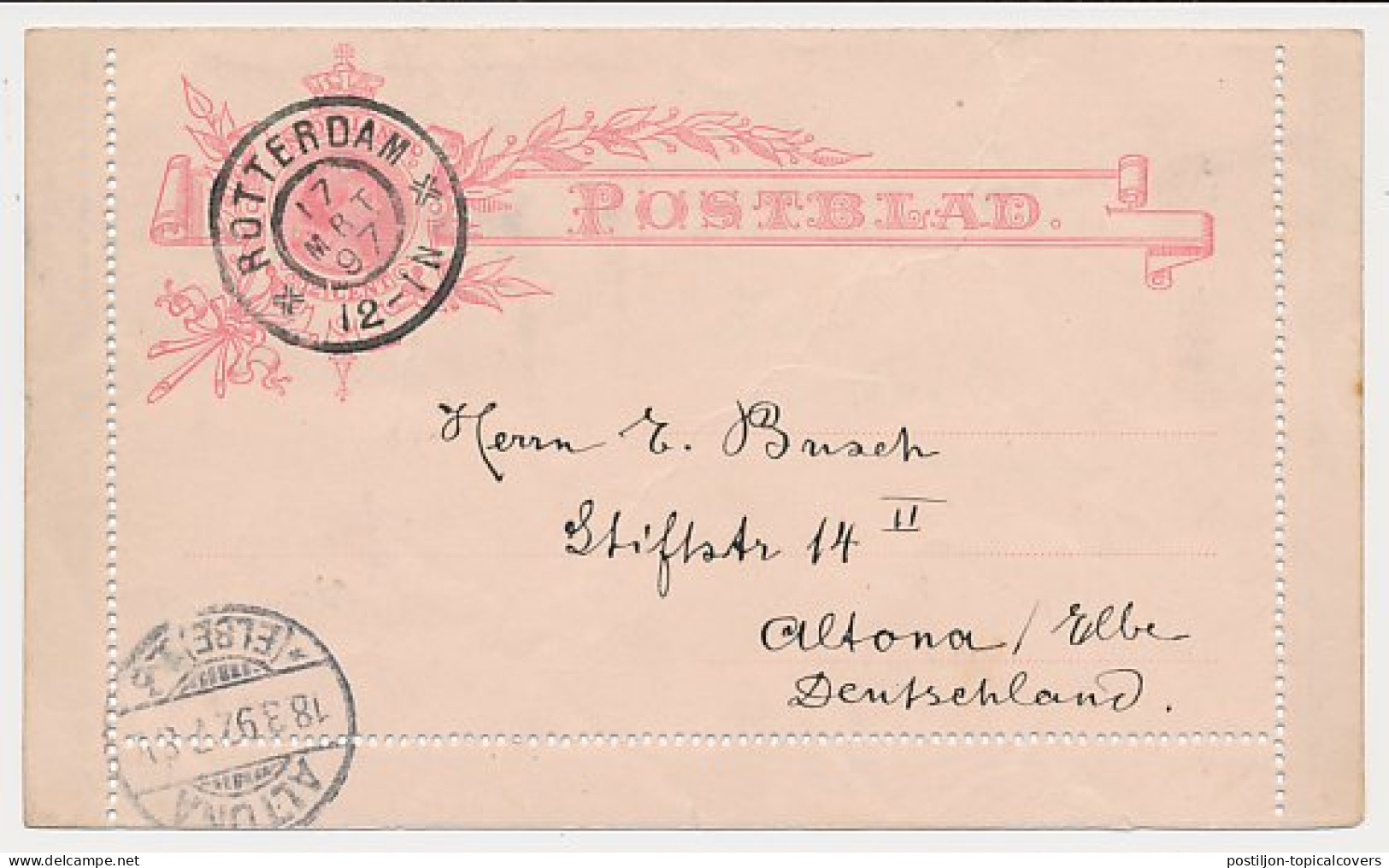 Postblad G. 7 X Rotterdam - Altona Duitsland 1897 - Material Postal