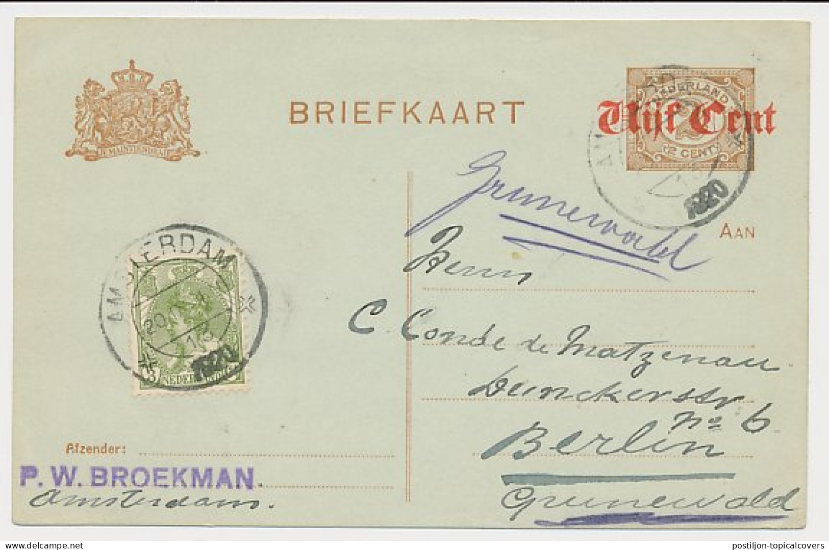 Briefkaart G. 109 / Bijfrankering Amsterdam - Duitsland 1920 - Postal Stationery