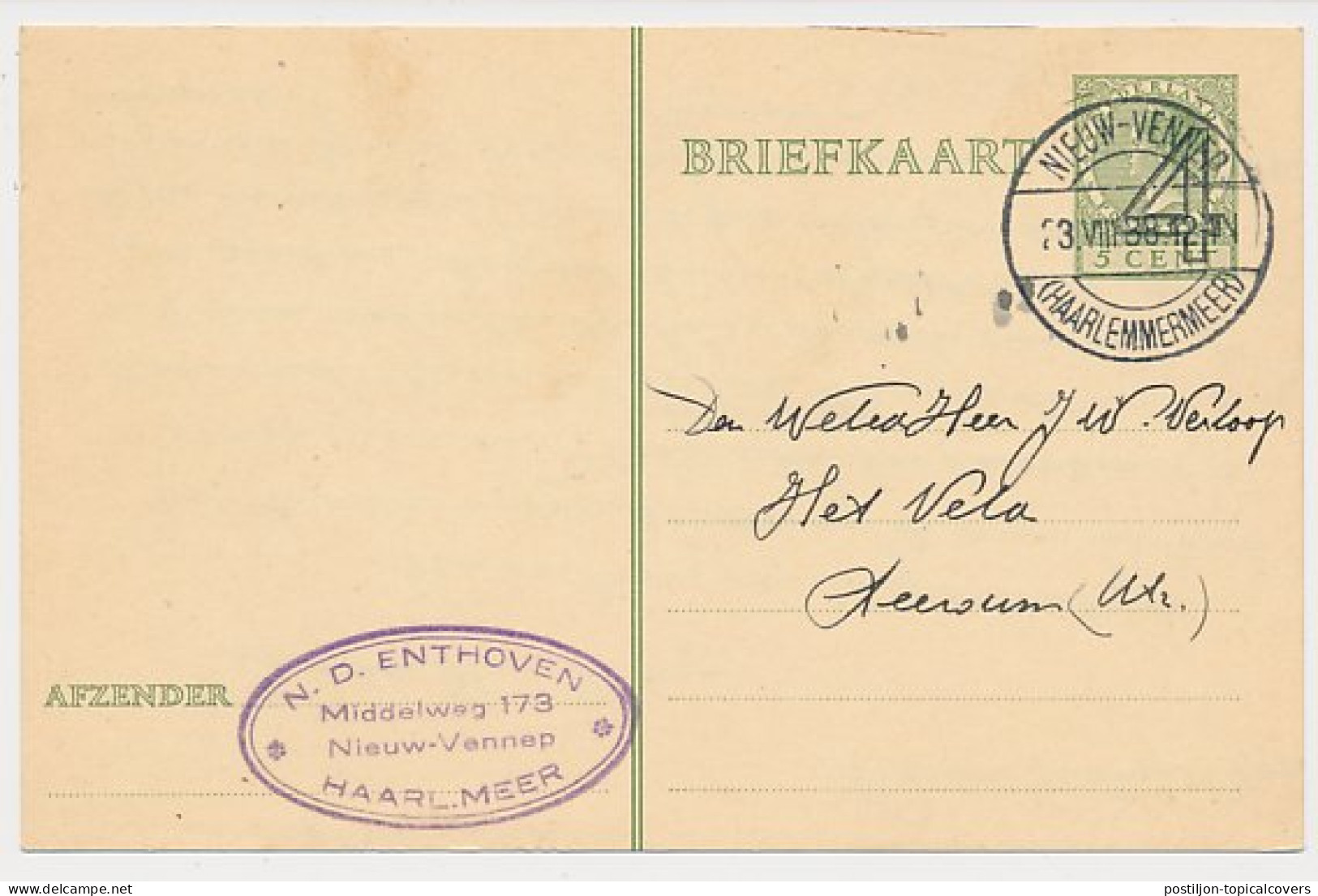 Briefkaart Nieuw Vennep Haarlemmermeer 1938 - N.D. Enthoven - Ohne Zuordnung